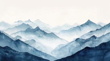 Obraz premium Monochromatic watercolor painting of mountain ranges with ample white space, ideal for adding text or designs, offering a minimalist and serene aesthetic.