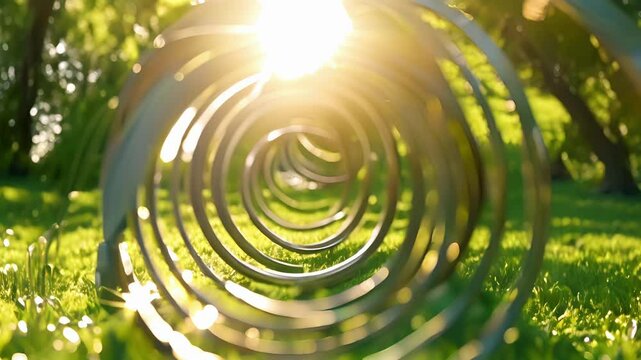 A vintage metal slinky coils upwards its shiny rings reflecting the bright afternoon sun as it hovers above a verdant green field.