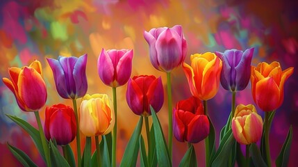 Digital art piece showcasing a group of tulips in various vibrant colors, creating a lively and beautiful floral arrangement.