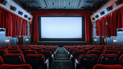 Realistic interior of a movie theater with a blank white screen, red curtains, and rows of seats, ready for the premiere of a film.