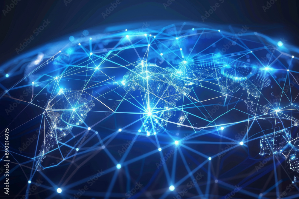 Poster interconnected global cloud computing network bridging digital data across cities and countries