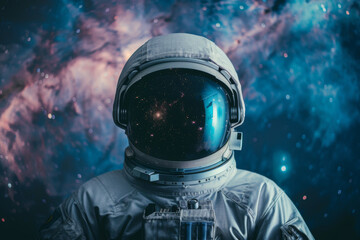 Front view astronaut potrait. Astronaut in space suit with galaxy and nebula reflection in helmet glass