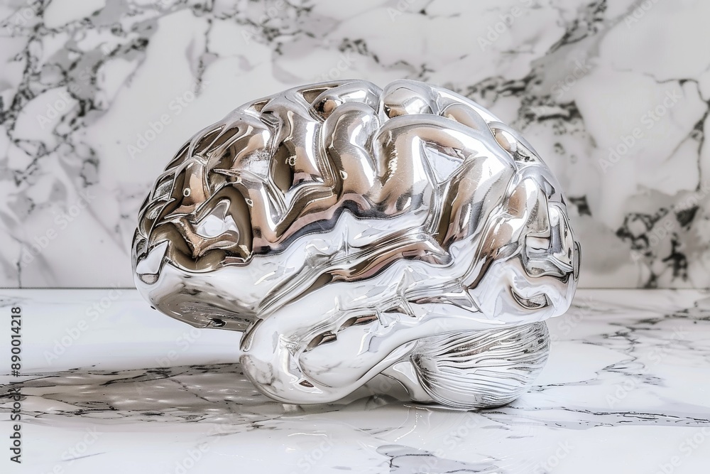 Poster artistic sculpture of a brain made from silver material set against a marble background combining el