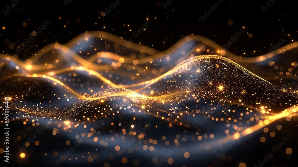 Poster a blurry image of gold sparkles on a black background, overlapping with another blurry image of gold