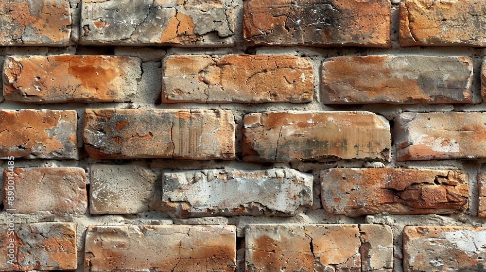 Poster a sharp image of a brick wall, displaying rusty and flaking paint on the surface of the bricks