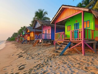 Obraz premium Colorful beach huts by the ocean on a tropical shore.