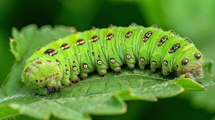 Naklejka premium A green caterpillar crawling on a vibrant green leaf, showcasing the beauty of nature.