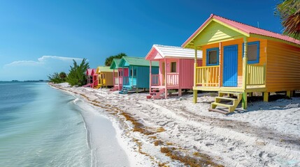 Obraz premium Colorful beach huts by the ocean on a tropical shore.