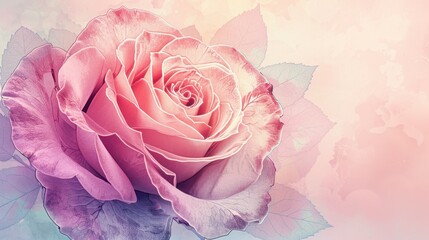 Outline of delicate rose flowers with fine line art on a soft pastel background, perfect for printing as wall art or stationery