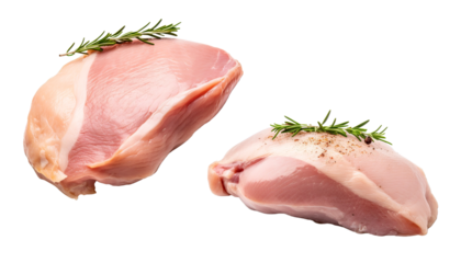 Two fresh raw chicken breasts with sprigs of rosemary on a white background, ready for cooking, isolated for culinary use.