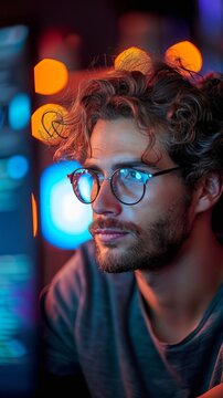 Focused young man with glasses working on a computer screen with code, illuminated by colorful bokeh lights in the background.