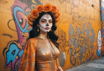 a woman with a day of the dead skull makeup and orange marigold flowers in her hair stands in front of a graffiti wall