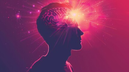 Fototapeta premium Silhouette of a man with a glowing brain, symbolizing creativity and intelligence in a vibrant, cosmic-themed background.