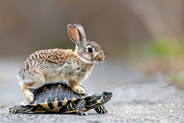 Obraz premium Rabbit riding a turtle, better strategy concept