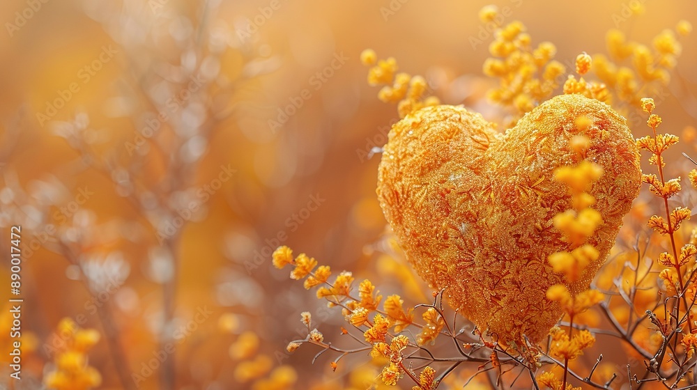 Poster a clear image shows a heart-shaped object dangling from a tree, surrounded by bright yellow flowers 