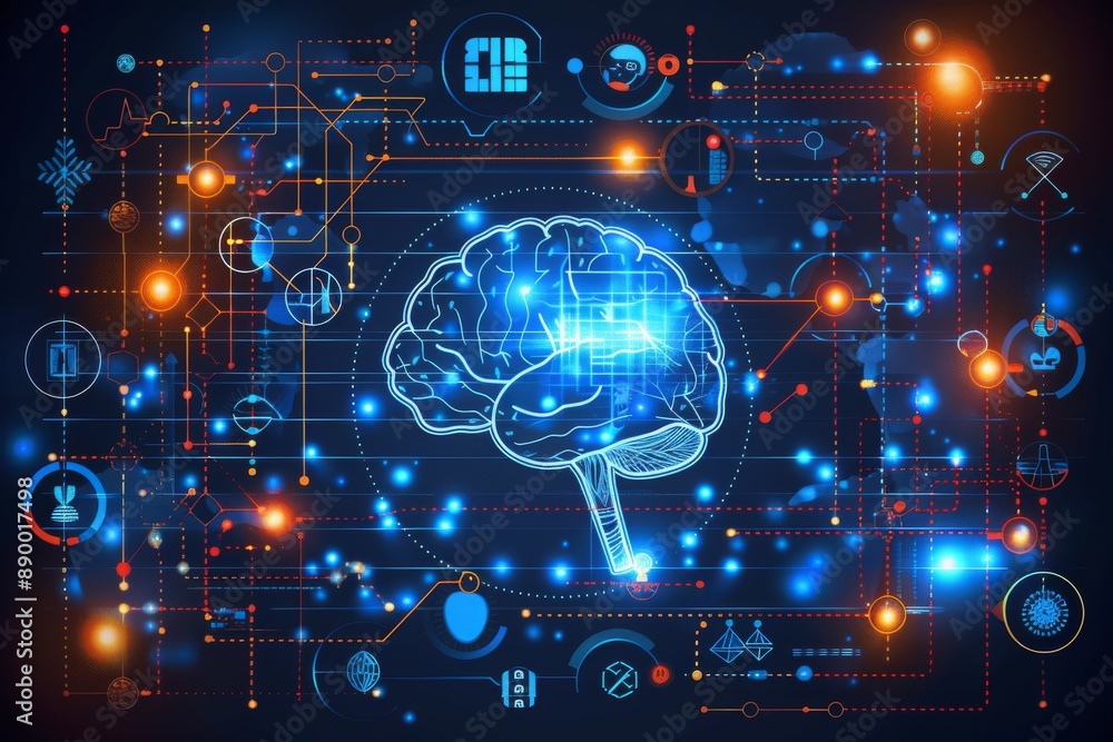 Poster digital brain illustration overlaid with complex data and network connections symbolizing the intric