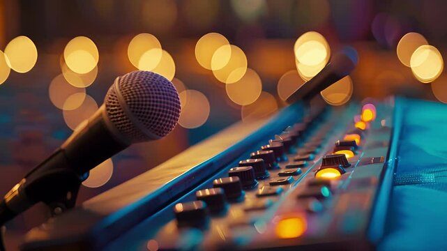 Closeup of the sleek modern lectern with microphone and control panel used by presenters and performers alike.