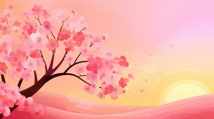 Fototapeta premium Vintagestyle watercolor painting of an icy landscape with cherry tree and blossoms at sunset.