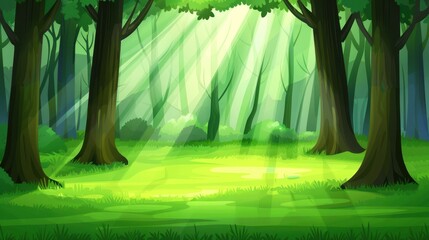 Vintage illustration of a magical glade in a dense forest with sunlight filtering through canopy, mosscovered ground.