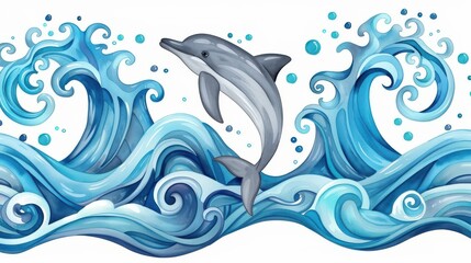 Naklejka premium Peaceful dolphin in blue and grey, watercolor illustration on white background.