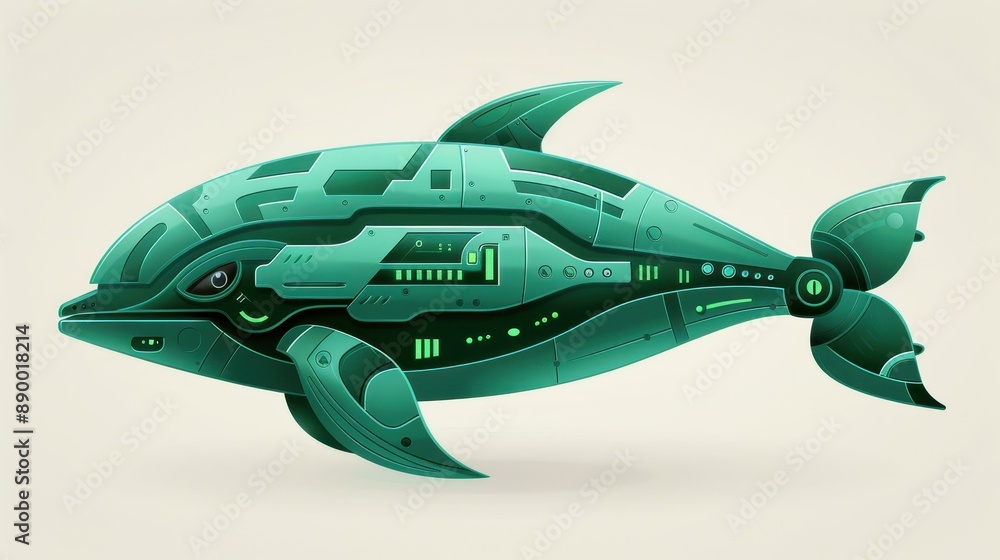 Poster unique cyber dolphin design with digital patterns and a robotic tail on a white background.