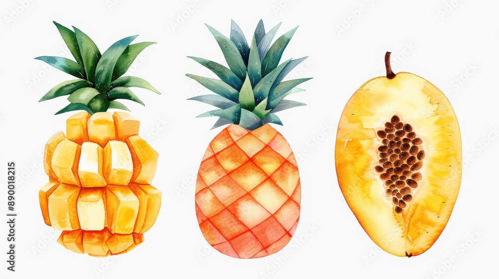 Sticker Vibrant watercolor illustrations of tropical fruits like pineapple, mango, and papaya with a white background.