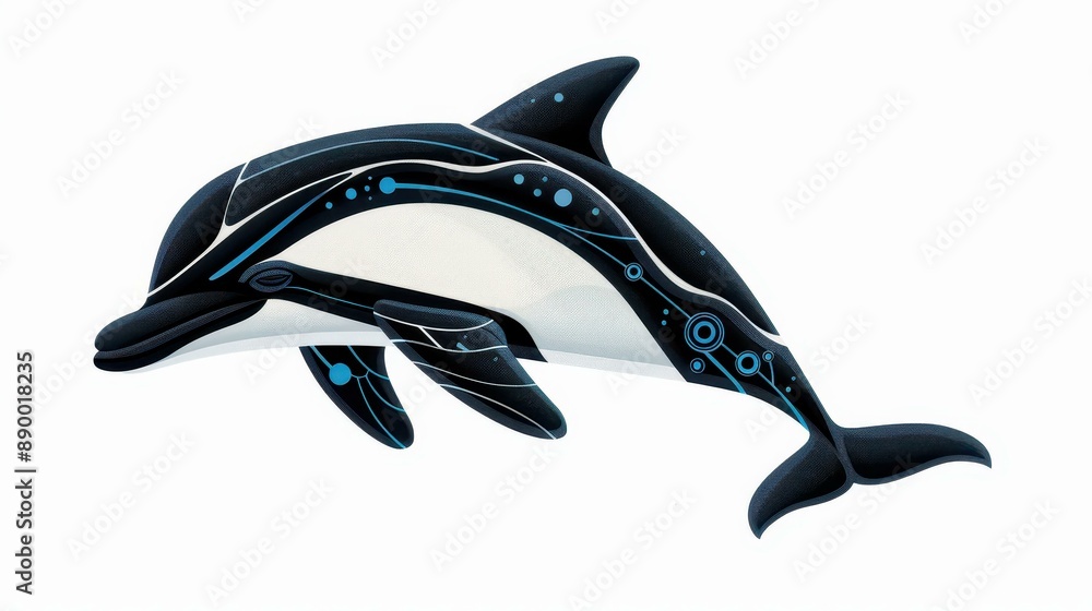 Poster unique cyber dolphin design with digital patterns and a robotic tail on a white background.