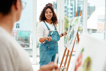 Workshop, people and portrait with canva for painting, creativity and drawing sketch with acrylic....