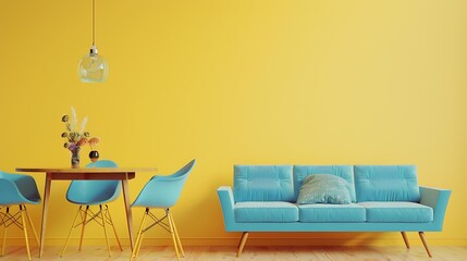 home interior with mid century sofa, wooden dinning table and blue accent chairs solid background.