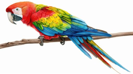 Obraz premium Colorful parrot perched on a branch, vibrant watercolor illustration on white background.