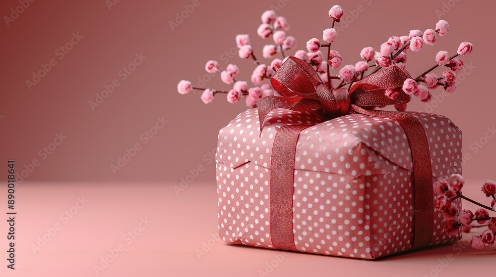 Poster a present with polka dots, red ribbon, and a pink flower bow