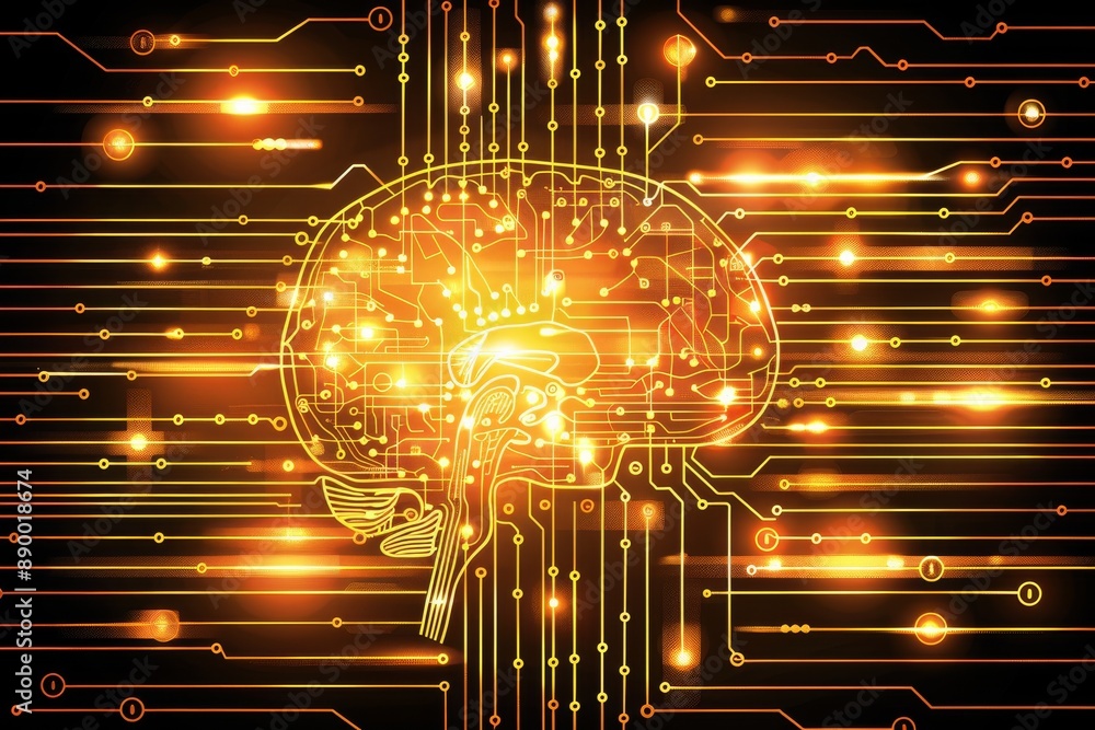 Poster futuristic digital brain composed of golden circuit like elements representing the merging of human 