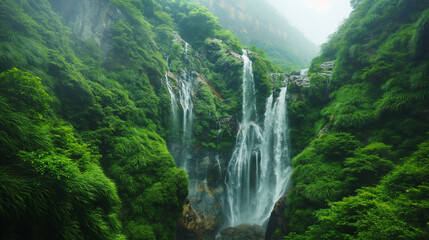 waterfall in the forest, Dramatic waterfalls cascading down mountain cliffs, surrounded by lush greenery and rocky terrain