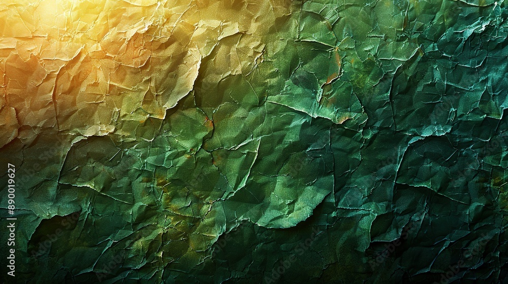 Poster a focused image of a painting featuring a green-yellow canvas with illumination emanating from above