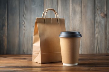 Take away coffee cup and bag isolated on white background, advertising concept mockup