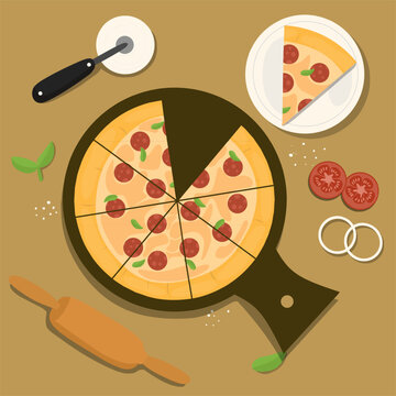 pizza on wooden board, flat lay clip art preview