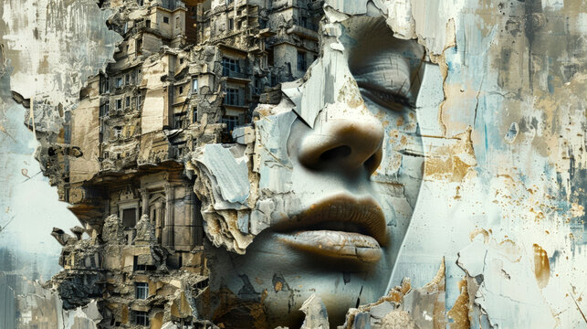 abstract collage with a face and a structure or building crumbling into dust, representing the deterioration of mental faculties and the disintegration of cognitive stability in dementia