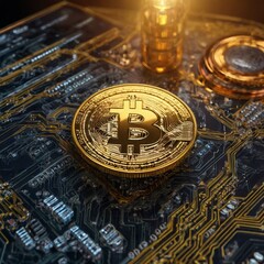 Fototapeta premium Golden coins with bitcoin symbol on a mainboard.