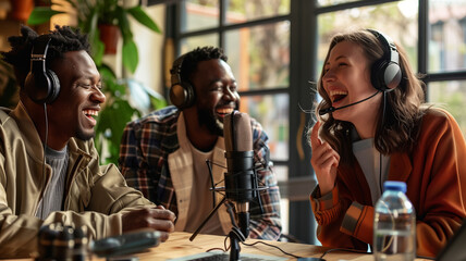 Three people with headphones are happily recording a podcast in a cozy studio, surrounded by warm lighting and plants.