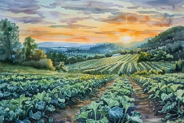 Beautiful countryside landscape at sunrise. Lush green fields, rolling hills, and colorful sky create a serene and picturesque view.