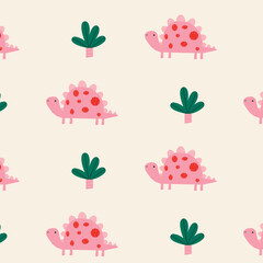 Childish seamless pattern with hand drawn dino in scandinavian style. Dinosaurs .  Colorful Dino design. Perfect for kids fabric, textile, nursery wallpaper. Cute dino design.