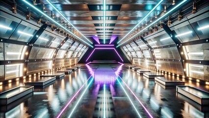 Fototapeta premium Sci-Fi Futuristic Fashion Stage with Neon Glowing Laser Beams. Perfect for: Sci-Fi Conventions, Fashion Shows, Tech Expos