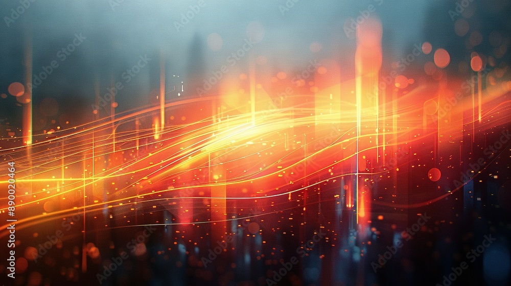 Poster blurry image of lines and dots on a blue-yellow-red gradient with black background