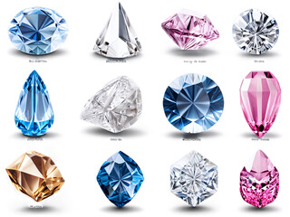 Sparkling  diamonds isolated on transparent background , meticulously cut into various colors and shapes, dazzling jewelry