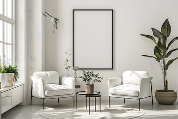 Minimalist yet elegant, a modern living room adorned with two comfortable armchair and a striking framed poster on a white wall.