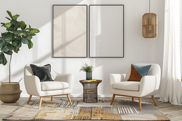 Minimalist yet elegant, a modern living room adorned with two comfortable armchair and a striking framed poster on a white wall.