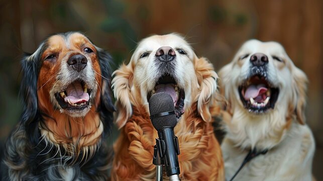 Tres perros cantando juntos frente a un micr&oacute;fono, expresando alegr&iacute;a y diversi&oacute;n