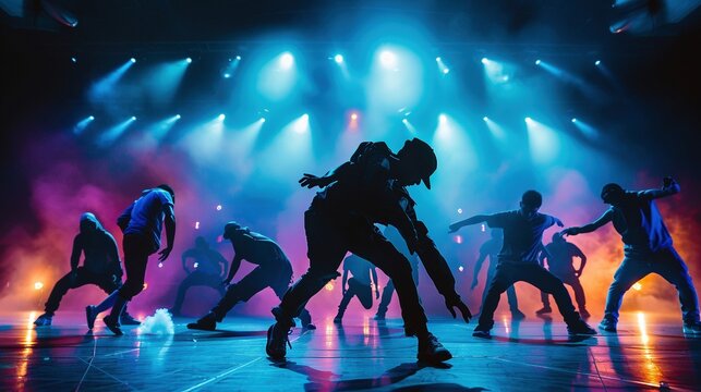 Grupo de bailarines actuando en un escenario con luces de colores y efectos de humo
