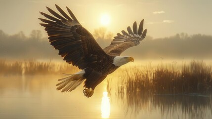 Eagle soaring above marshlands, golden light, wideangle shot, wetland reflections, serene sky, detailed feathers