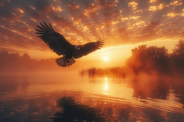 Obraz premium Eagle above marshlands, vibrant sunrise, wideangle view, tranquil waters, detailed feathers, calm and majestic